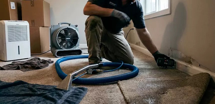 Water-damage technician positioning extraction and drying equipment inside a property