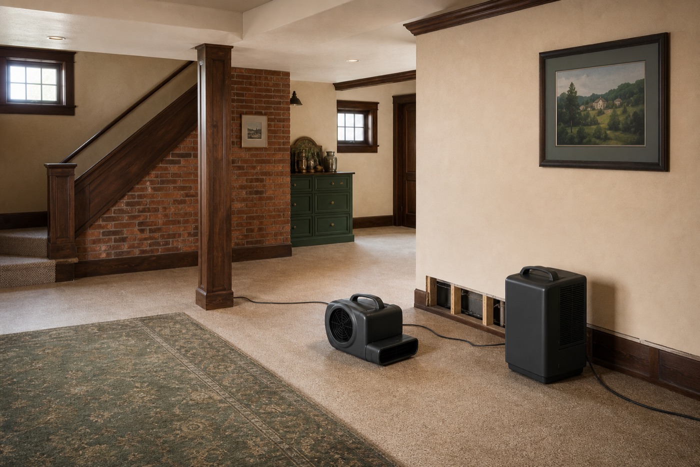 Illustrative organized drying setup in the lower level of a character-rich home