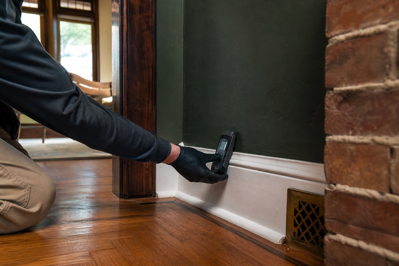 Illustrative moisture inspection at the wall and hardwood-floor transition in an older home