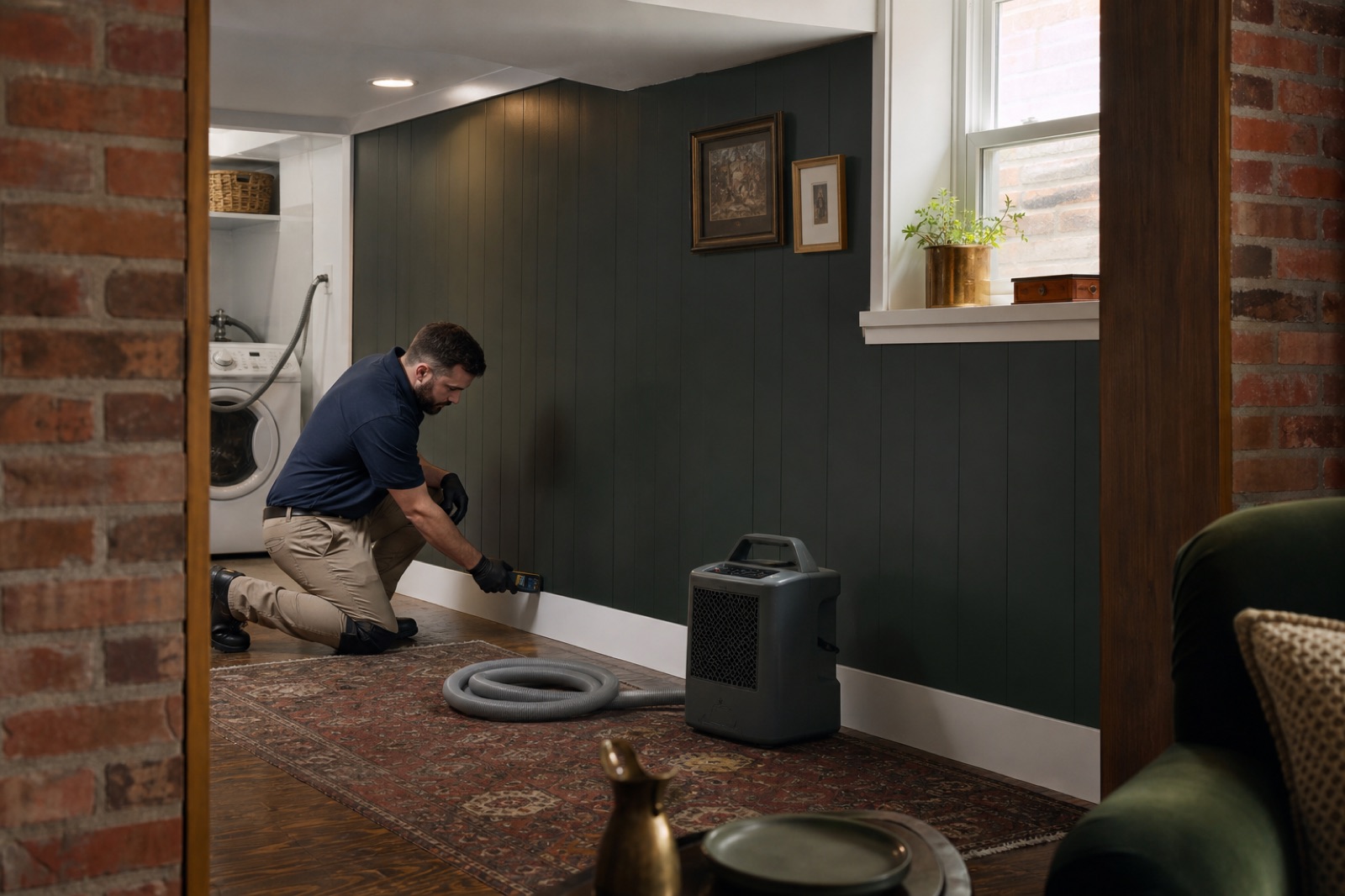 Technician measuring moisture in a Littleton lower-level room